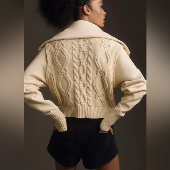 ANTHROPOLOGIE Pilcro Cable Laced Twofer Sweater Creme Size Large Neutral Lace up - Picture 9 of 14